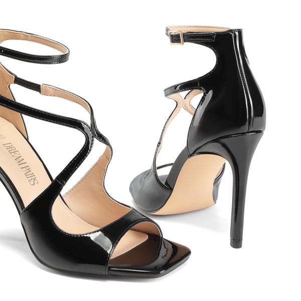 Cross Strappy Stiletto Heels - BLACK-PAT - 6